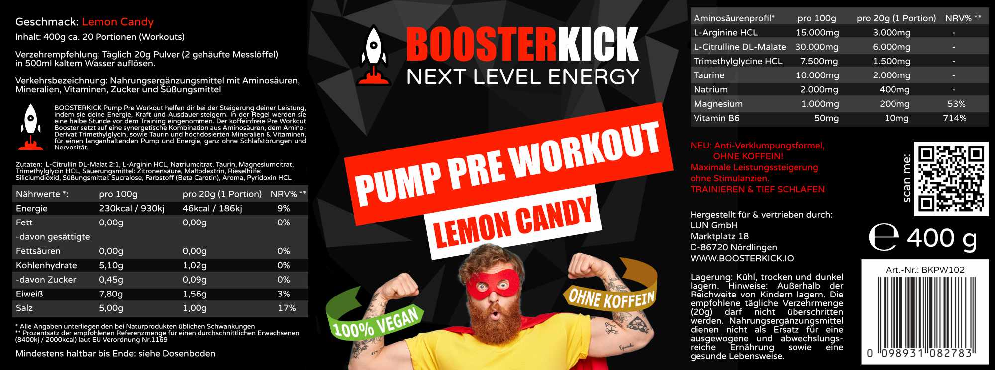 BOOSTERKICK Pump Pre Workout Berry-Lemonade 400g Dose