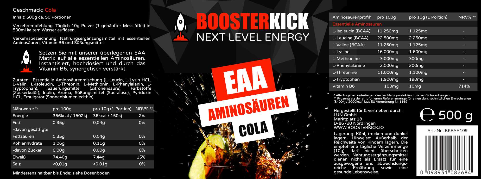 BOOSTERKICK EAA Cola 500g-Dose 